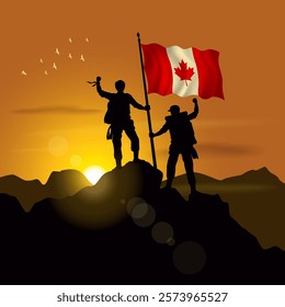 Canada flag, silhouette of two climbers holding flags at sunset