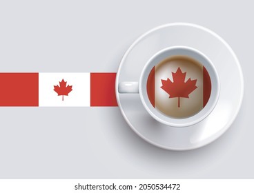 Canada flag with a tasty coffee cup on top view and a gradient background. Hot beverage with Canada flag, vector illustration.