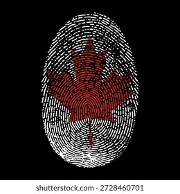 Ilustración vectorial de la bandera de Canadá en forma de huella dactilar. Bandera nacional canadiense como símbolo de patriotismo, identidad y orgullo sobre fondo negro.