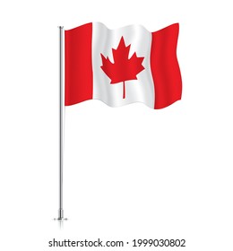 Canada flag waving on a metallic pole. The official flag of Canada, isolated on a white background.
