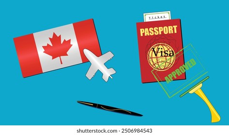 Canada flag with white plane icon. Passport with visa approved stamp. Black stylish Pen. Canadian Travel poster. Editable vector EPS available