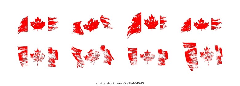 Canada flags. Canadian grunge flag set in various brushstroke designs in red white colors. National symbol of Canada. Vintage patriotic vector illustration.