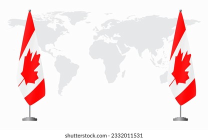 Canada and Canada flags for official meeting against background of world map.