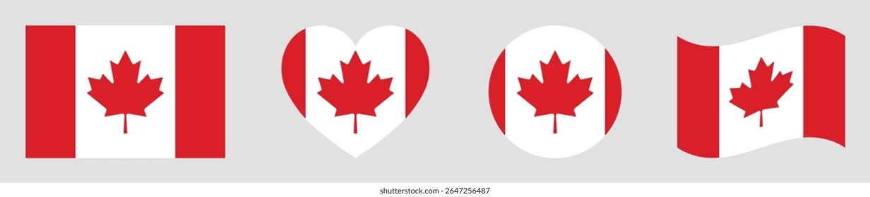 Canada flags set in square, heart, circle and waving formats designs element. Canada flags collection. Set of Canadian flags icons isolated on gray background. Vector illustration.
