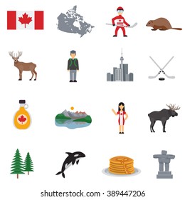 Canada flat icons set  with map flag hockey lakes maple syrup tower and animals isolated vector illustration