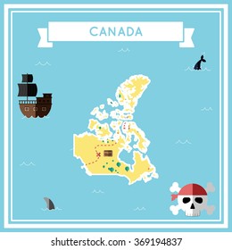 Canada flat treasure map. Colorful cartoon treasure map of Canada with flat icons of pirate ship, jolly roger, treasure chest and banner ribbon. Flat design vector illustration.