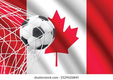 Canada Football Cup. Canada Flag style concept isolated with football in net vector illustration. Modern Football vector with Canada Flag concept. Footballl With Flag Of Canada.