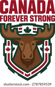 Canada forever strong moose head with maple leaf shield logo design
