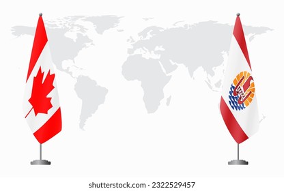 Canada and French Polynesia flags for official meeting against background of world map.