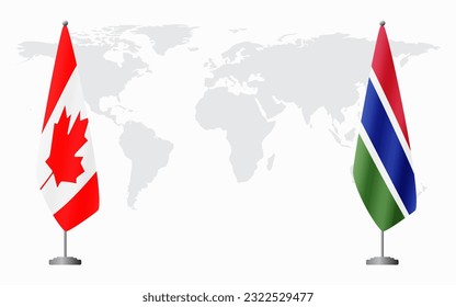 Canada and Gambia flags for official meeting against background of world map.