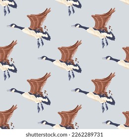 Canada geese. Color flying birds. Seamless pattern. Hand-drawn graphic design. Vector illustration.