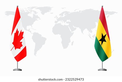 Canada and Ghana flags for official meeting against background of world map.
