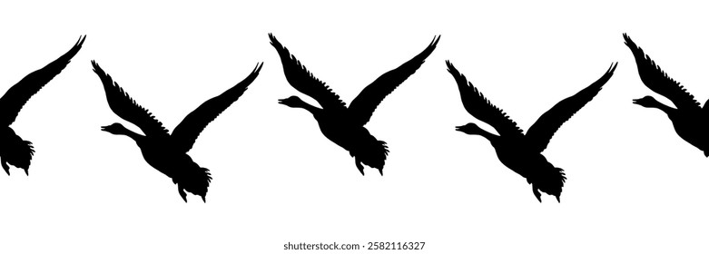 Canada goose. Seamless borders. Pattern of black silhouettes of flying birds. Vector illustration of geese.