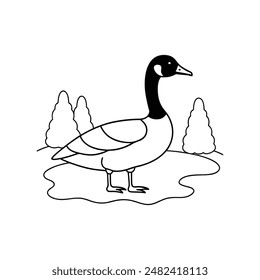 Canada goose swimming pond line art vector illustration icon