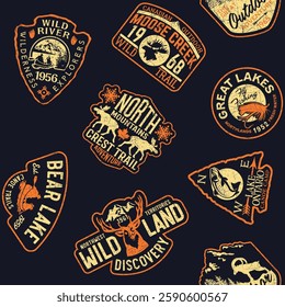 Canada great outdoor discovery adventure badges patchwork vintage vector seamless pattern  for boy kidsf shirt fabric grunge effect in separate layer