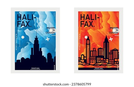 Canada Halifax city poster pack with abstract skyline, cityscape, landmarks and attractions. Nova Scotia province travel vector illustration set for brochure, website, page, business presentation