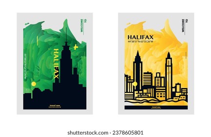 Canada Halifax city poster pack with abstract skyline, cityscape, landmarks and attractions. Nova Scotia province travel vector illustration set for brochure, website, page, business presentation