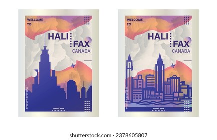 Canada Halifax city poster pack with abstract skyline, cityscape, landmarks and attractions. Nova Scotia province travel vector illustration set for brochure, website, page, business presentation