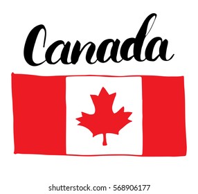 Canada Hand drawn flag, with Maple leaf and calligraphy lettering vector illustration isolated on white background
