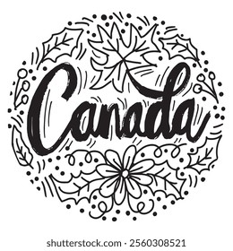Canada hand drawn lettering with flowers and leaves. Vector illustration.	