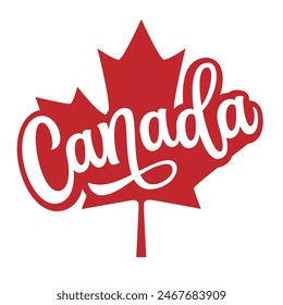 Canada. Hand lettering text on a red maple leaf shape on white background. Vector typography for independence day decorapions, posters, banners, cards