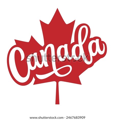 Canada. Hand lettering text on a red maple leaf shape on white background. Vector typography for independence day decorapions, posters, banners, cards