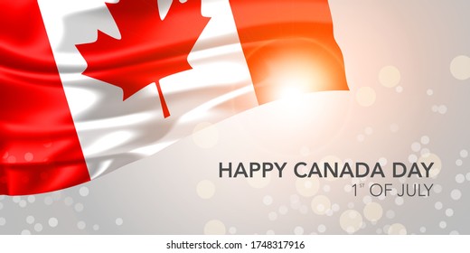 Canada happy day vector banner, greeting card. Canadian realistic wavy flag in 1st of July national patriotic holiday horizontal design