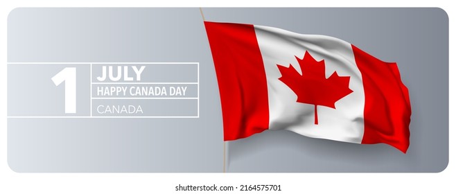 Canada happy independence day greeting card, banner vector illustration. Canadian national holiday 1st of July design element with 3D waving flag on flagpole