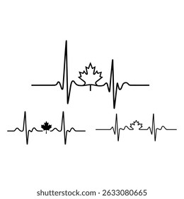 Canada Heartbeat Line with Maple Leaf Symbol in Black and White
