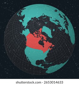 Canadá en Globe. Antiguas look con textura grunge rayada. Vista de Country en el mapa del mundo en la paleta de colores turquesa de carbón oscuro. Canadá forma en el mapa. Globo con meridianos y paralelos.