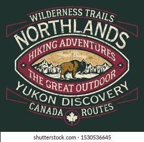 Canada Hiking Trail Design.  Wild Vintage North Discovery Vector Print For Boy T Shirt.  Grunge Effect In Separate Layer