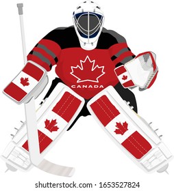 Canada hockey goalie in red dress on white background