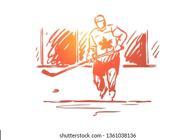 Canada, hockey, symbol, country, sport concept. Hand drawn Canadian man play hockey concept sketch. Isolated vector illustration.