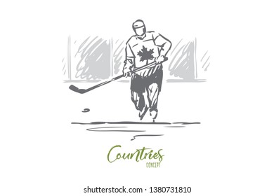 Canada, hockey, symbol, country, sport concept. Hand drawn Canadian man play hockey concept sketch. Isolated vector illustration.