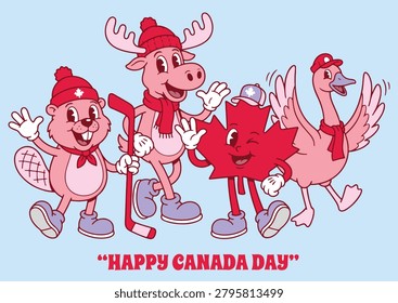 Canada holiday mascot vector with beaver moose maple leaf and goose for greeting cards banners and celebration designs
