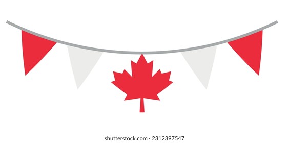 Canada holiday vector illustration in the colors of the Canadian flag. Decorative chains of colored flags and maple leaves. Canadian holidays and celebrations.