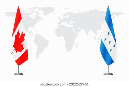 Canada and Honduras flags for official meeting against background of world map.