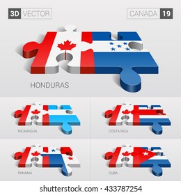 Canada and Honduras, Nicaragua, Costa Rica, Panama, Cuba Flag. 3d vector puzzle. Set 19.