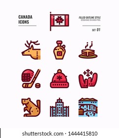 Canada icon set 1. Include Canada flag, Maple syrup, niagara fall, hockey, animal and more. Filled Outline icons Design. vector