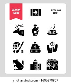 Canada icon set 1. Include Canada flag, Maple syrup, niagara fall, hockey, animal and more. Glyph icons Design. vector