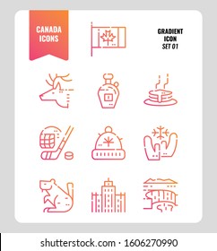 Canada icon set 1. Include Canada flag, Maple syrup, niagara fall, hockey, animal and more. Gradient icons Design. vector