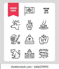 Canada icon set 1. Include Canada flag, Maple syrup, niagara fall, hockey, animal and more. Outline icons Design. vector