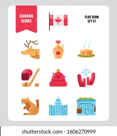 Canada icon set 1. Include Canada flag, Maple syrup, niagara fall, hockey, animal and more. Flat icons Design. vector