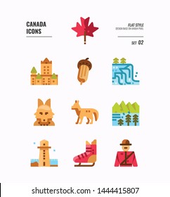 Canada icon set 2. Include Canada landmark, Maple leaf, landscape, red fox and more. Flat icons Design. vector