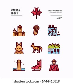 Canada icon set 2. Include Canada landmark, Maple leaf, landscape, red fox and more. Filled Outline icons Design. vector