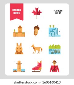 Canada icon set 2. Include Canada landmark, Maple leaf, landscape, red fox and more. Flat icons Design. vector