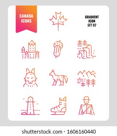 Canada icon set 2. Include Canada landmark, Maple leaf, landscape, red fox and more. Gradient  icons Design. vector