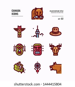 Canada icon set 3. Include Canada map, aboriginal, bear and more. Filled Outline icons Design. vector