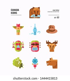 Canada icon set 3. Include Canada map, aboriginal, bear and more. Flat icons Design. vector