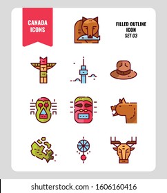 Canada icon set 3. Include Canada map, aboriginal, bear and more. Filled outline icons Design. vector